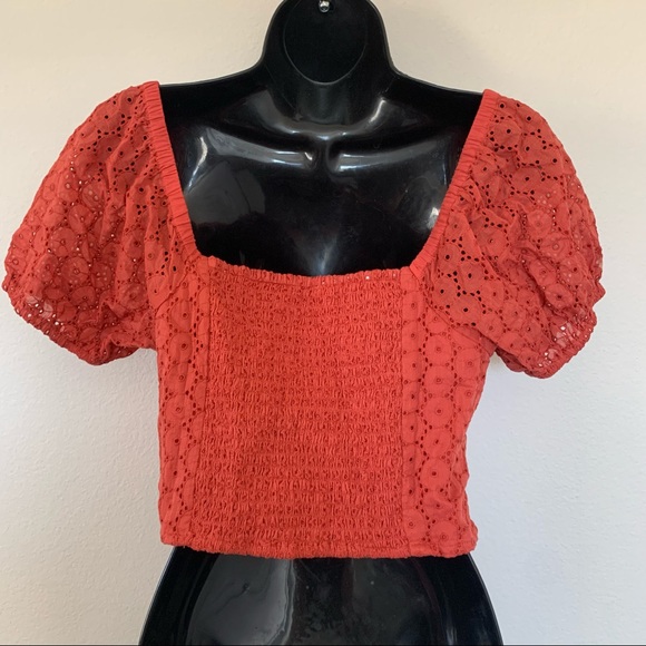 Lucky Brand Red Eyelet Button Front Peasant Puff Sleeve Shirt Tandori Spice - Picture 8 of 12